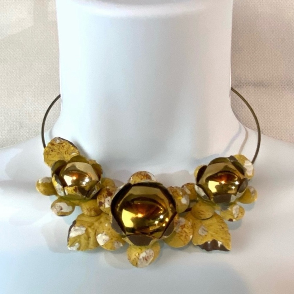 Choker Necklace Artist Handmade Boho Floral Mixed Metals Yellow w/ Gift Box